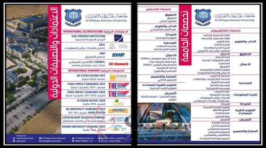 جامعة عمان الأهلية تعلن عن تخصصاتها لدرجتي البكالوريوس والماجستير وعن الاعتمادات والتصنيفات الدولية التي حازت عليها